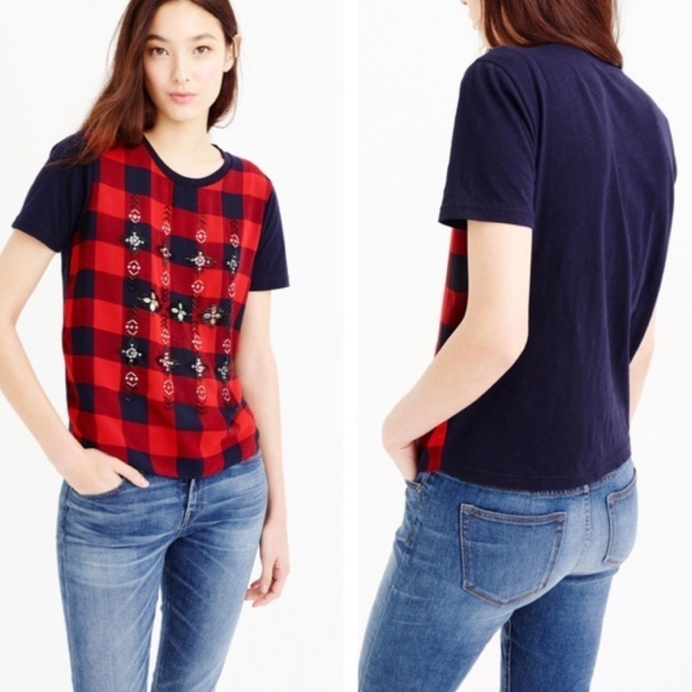 J.Crew Embellished Tartan T-shirt Navy Red Holiday Small